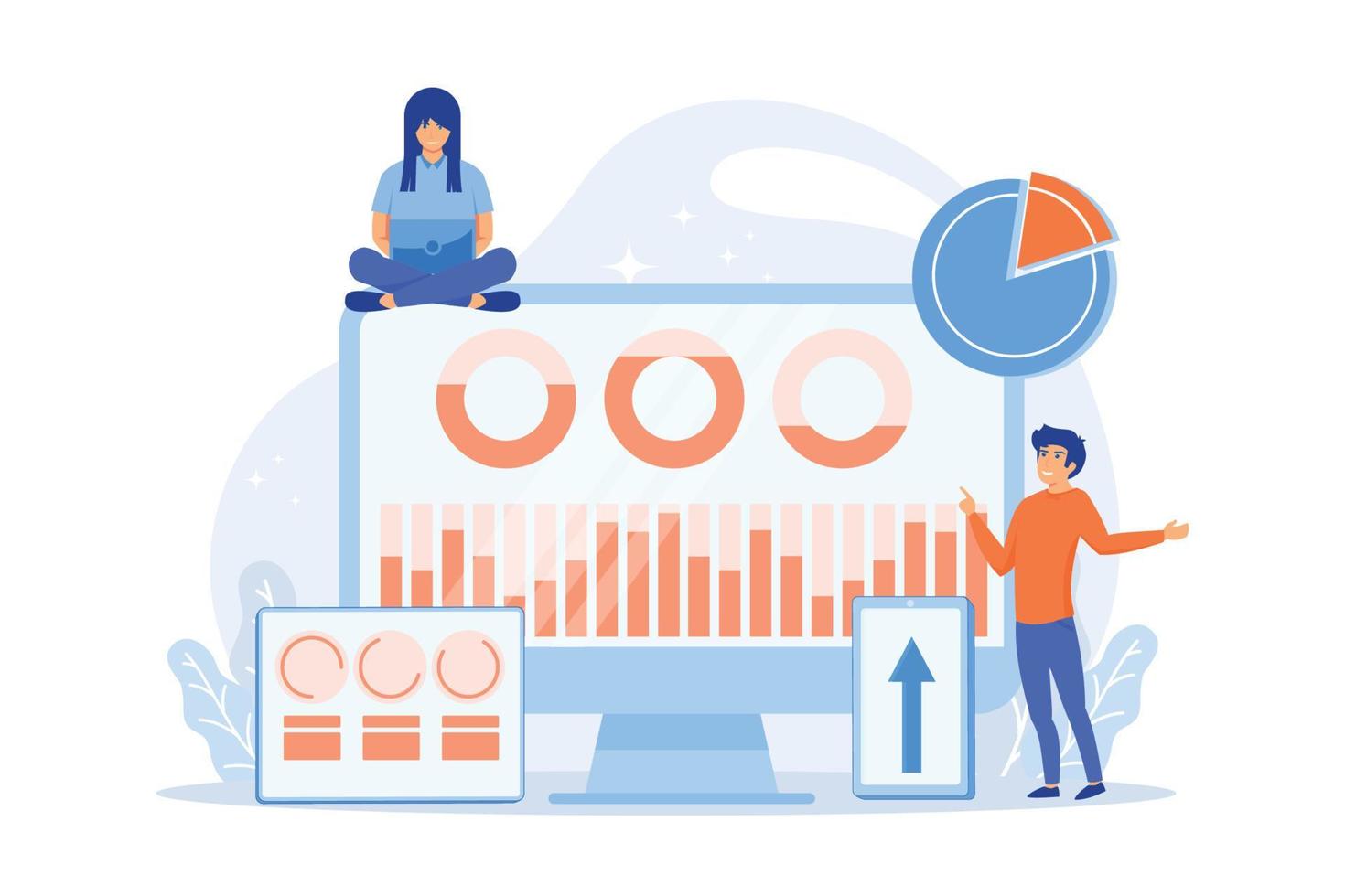 Customer managers working with customers pie charts and devices. Customer segmentation, internet marketing tool, target audience collection concept. vector