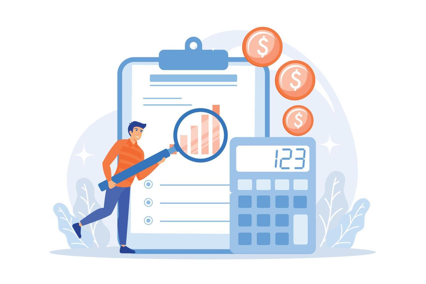 Audit service assistance. Financial report, bookkeeping analysis, company finances management. Financier making corporate expenses assessment. flat vector modern illustration