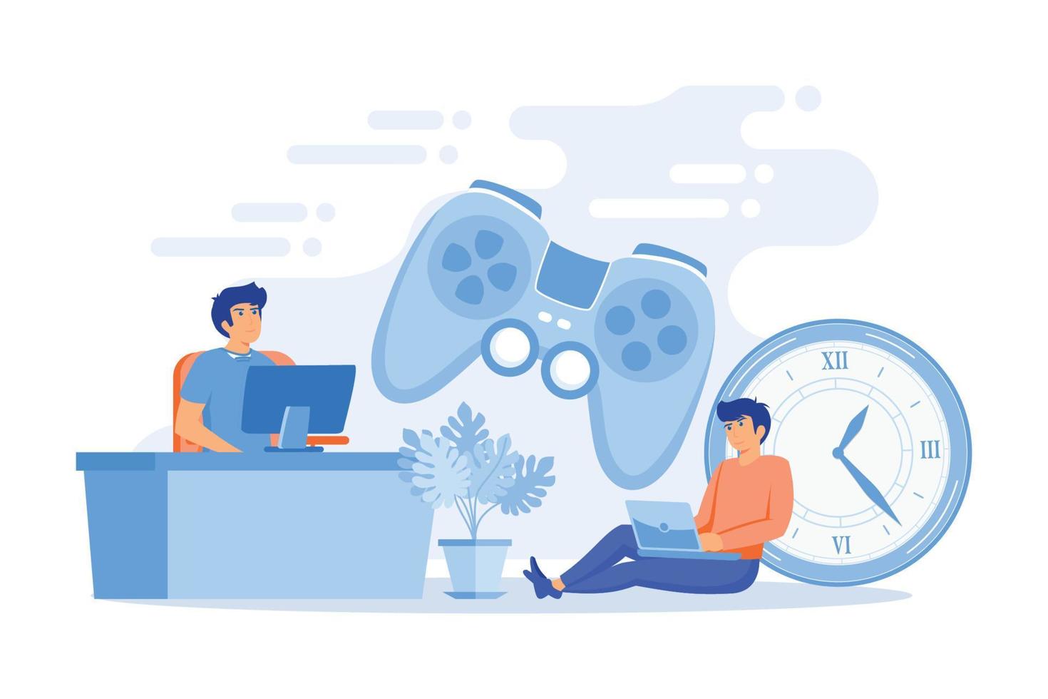 Tiny people gamers playing online video game, huge joystick and clock. Gaming disorder, video gaming addiction, decreased attention span concept. flat vector modern illustration