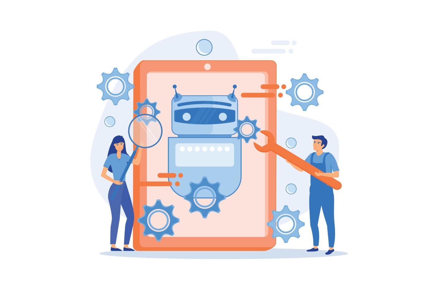 Developers with wrench work on chatbot application development. Chatbot app development, bot development framework, chatbot programming concept. flat vector modern illustration