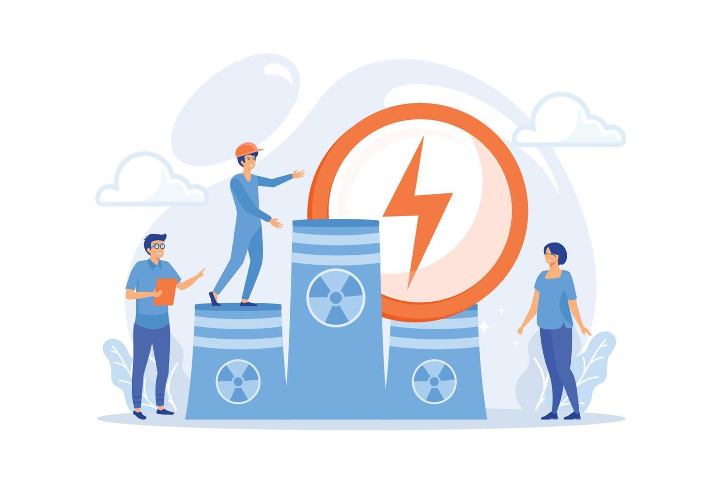 Engineers working at nuclear power plant reactors releasing energy. Nuclear energy, nuclear power plant, sustainable energy source concept. flat vector modern illustration