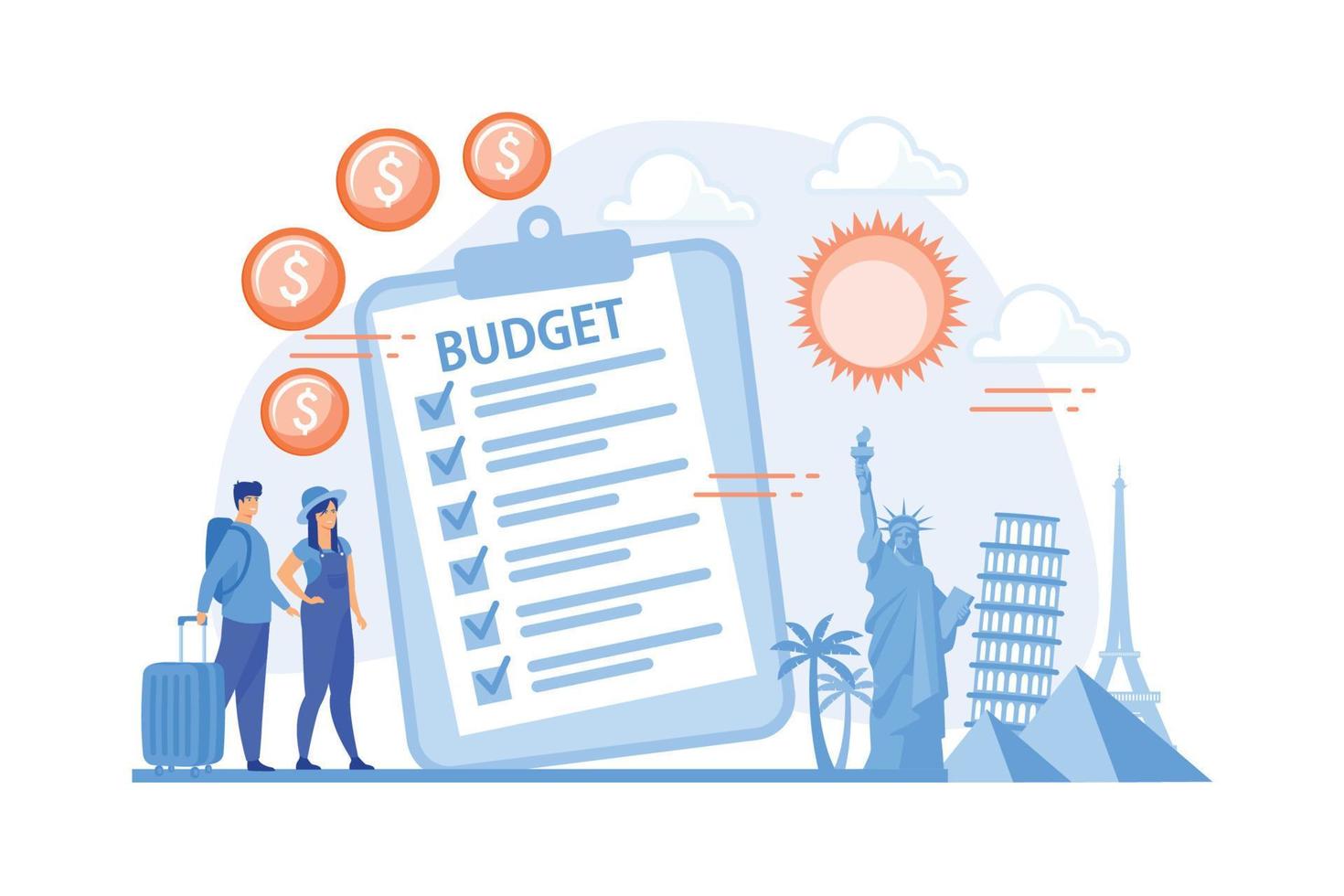 Couple planning honeymoon holiday, choosing trip destination flat characters. Vacation fund, summer spending plan, vacation budget plan concept.flat vector modern illustration