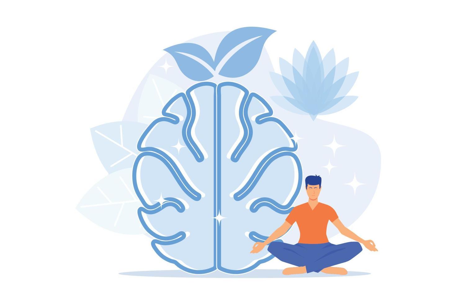 User practicing mindfulness meditation in lotus pose. Mindful meditating, mental calmness and self-consciousness, focusing and releasing stress concept.flat vector modern illustration