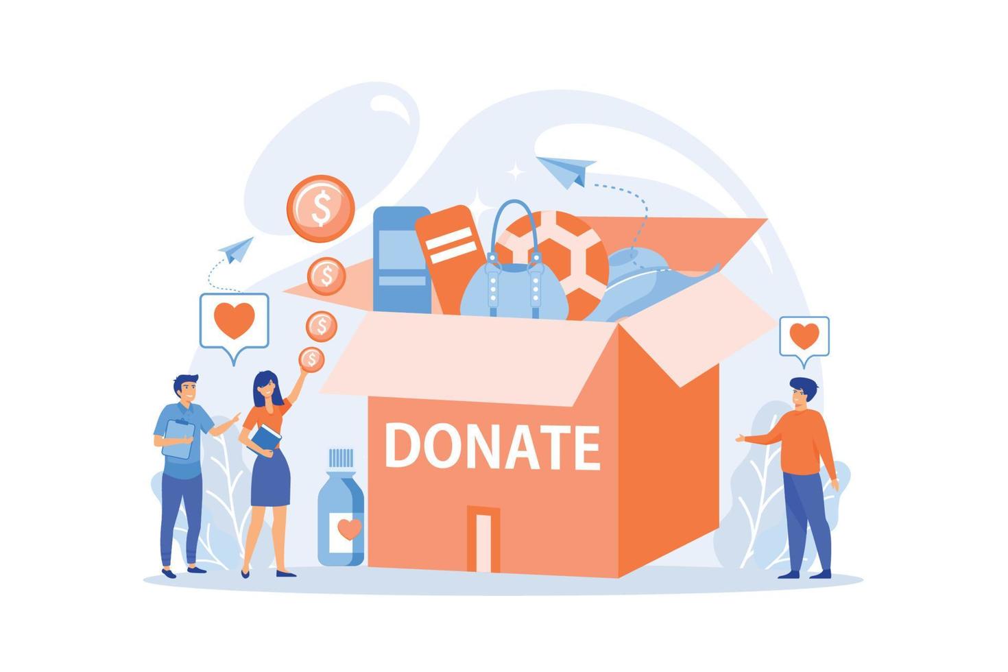 Volunteers collecting goods for charity into huge donation box and donating coins into jar. Donation, charity donation funds, gift in kind concept. flat vector modern illustration