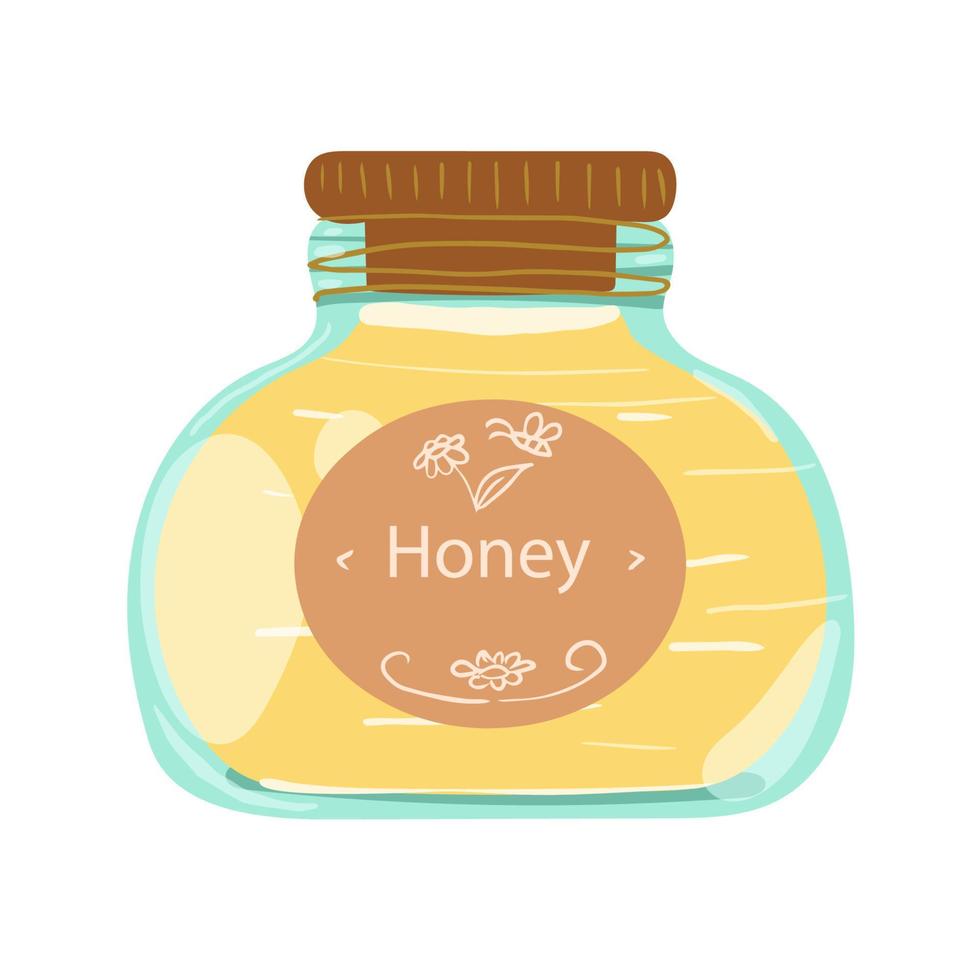 A jar of honey. Glass bowl with sweet honey. Vector hand drawn illustration