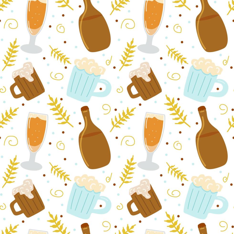 Seamless pattern with varied beer and wheat elements and dots. Vector hand drawn endless texture for wallpaper, octoberfest banner, brewery broshure etc