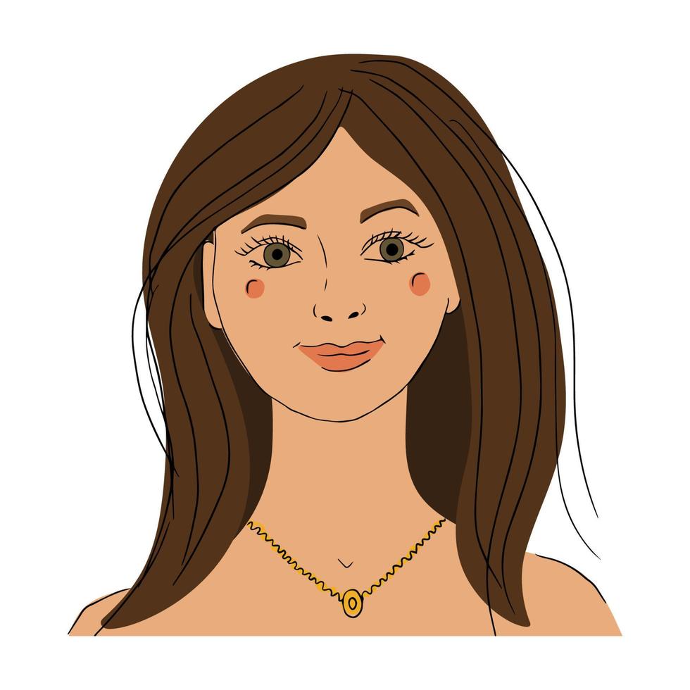 el rostro de una hermosa niña sonriente. una chica de ojos verdes y pelo largo y oscuro. ilustración vectorial dibujada a mano vector