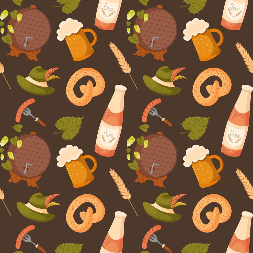 Oktoberfest festive elements seamless pattern background. Endless texture for design german festival. Flat vector illustration isolated on brown background