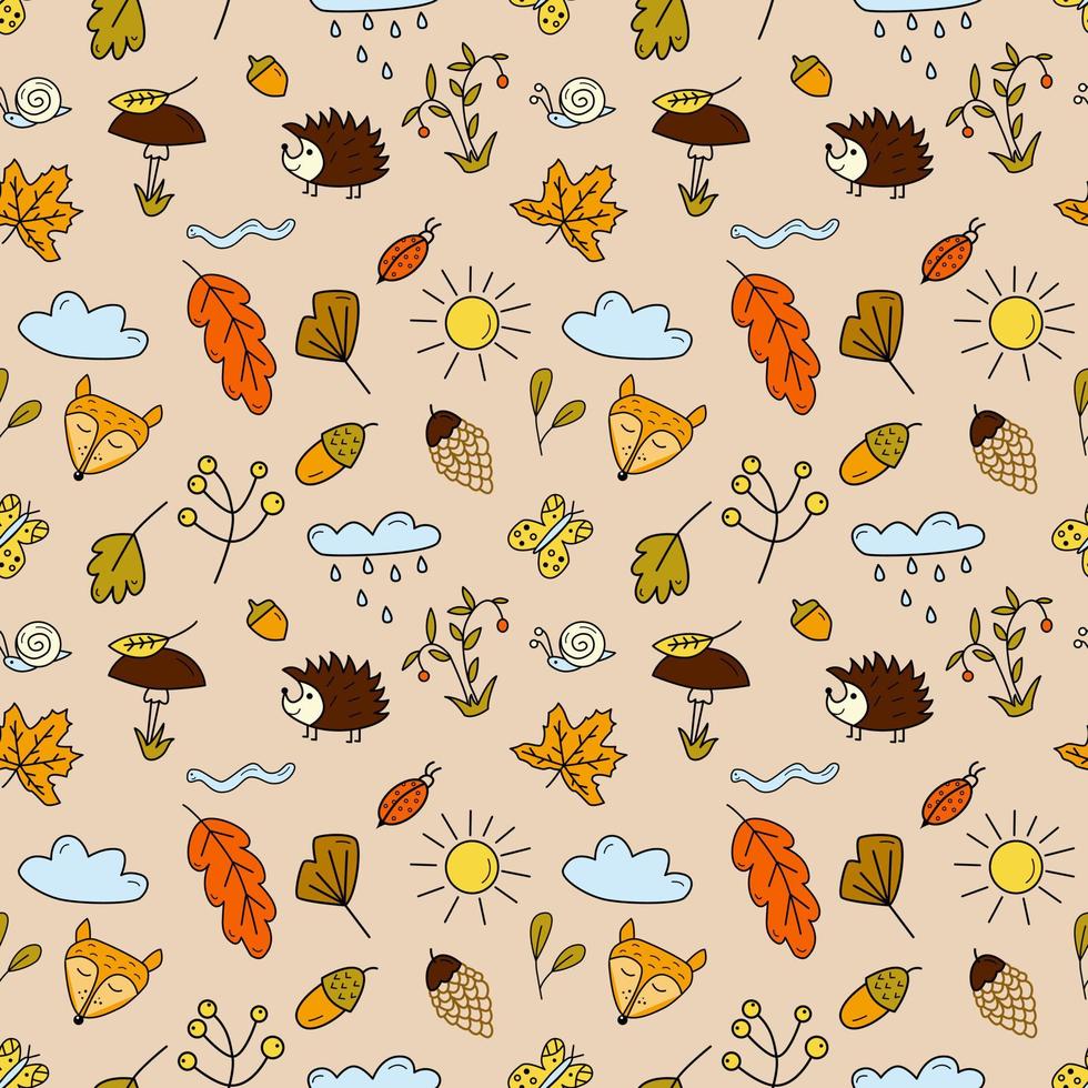 Seamless pattern with forest animals, mushrooms, autumn leaves and berries in doodle style. Cartoon vector illustartion on beige background