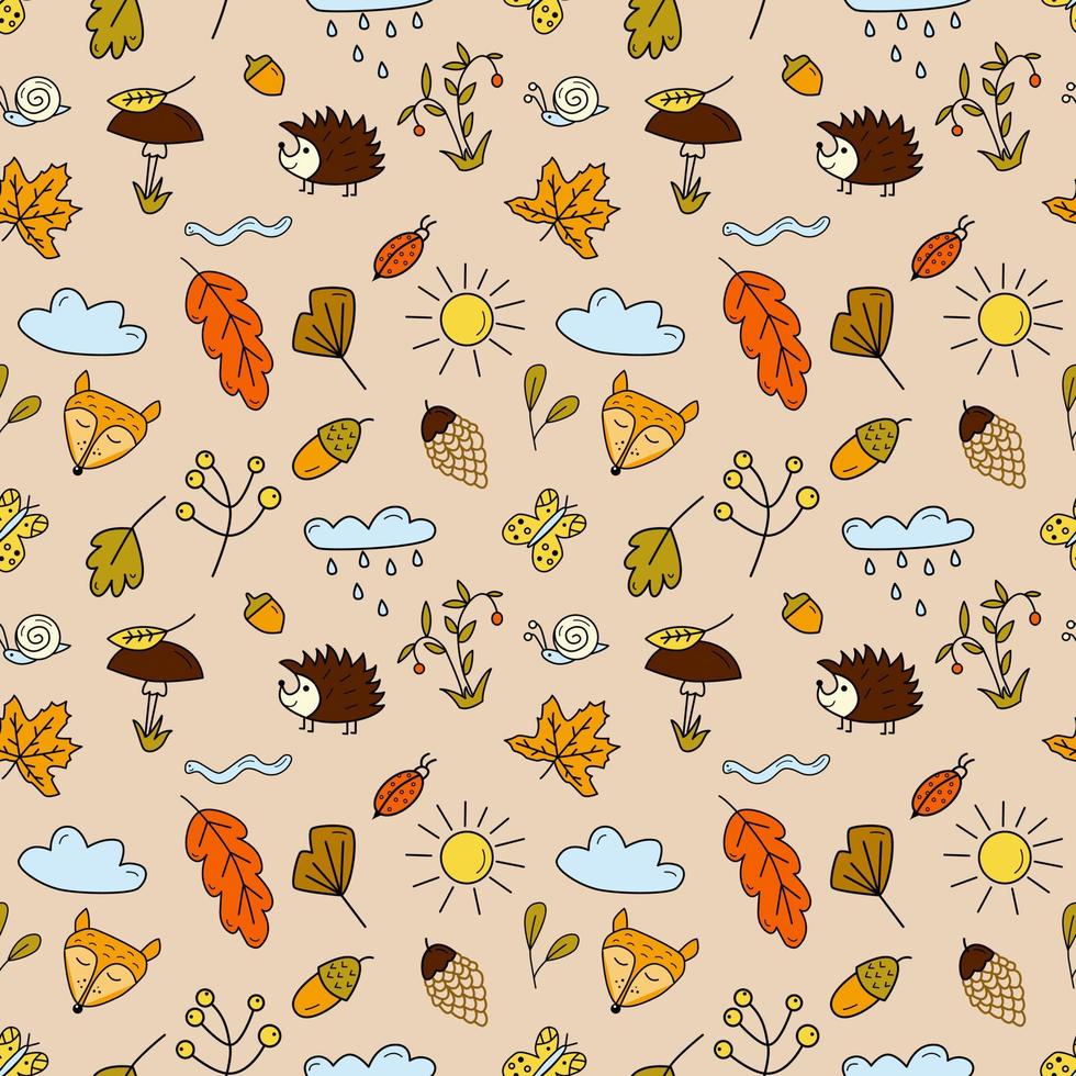 Seamless pattern with forest animals, mushrooms, autumn leaves and berries in doodle style. Cartoon vector illustartion on beige background