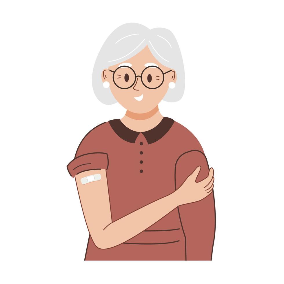 Happy elderly woman showing injection bandage after coronavirus vaccination. Smiling senior lady after safety vaccine. Cartoon flat vector illustration