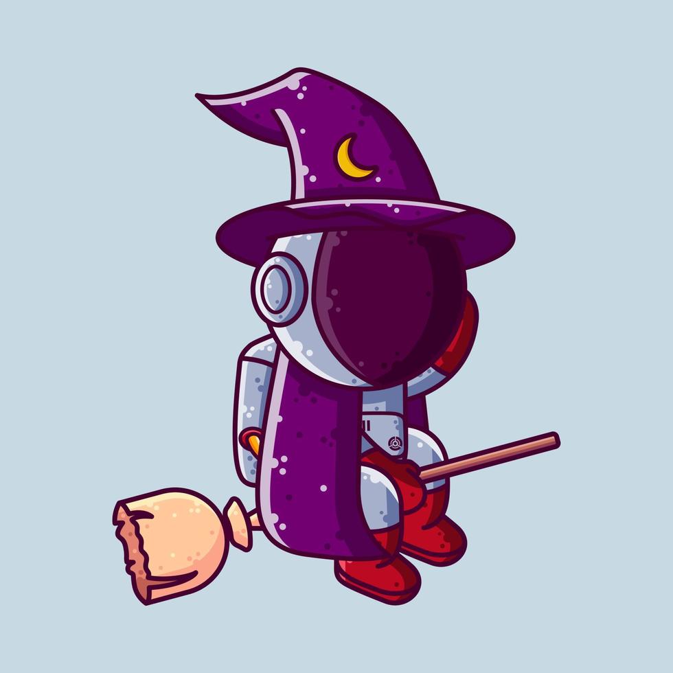 Cute Astronaut Witch Flying with Broom Cartoon Vector Illustration. Cartoon Style Icon or Mascot Character Vector.