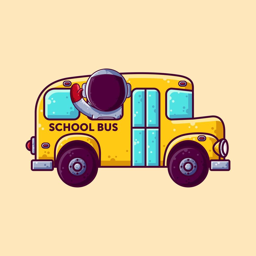 Cute Astronaut Riding School Bus Cartoon Vector Illustration. Cartoon Style Icon or Mascot Character Vector.