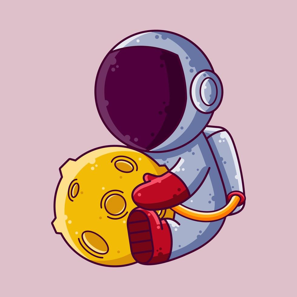 lindo astronauta sosteniendo la ilustración vectorial de dibujos animados de la luna. icono de estilo de dibujos animados o vector de carácter de mascota.