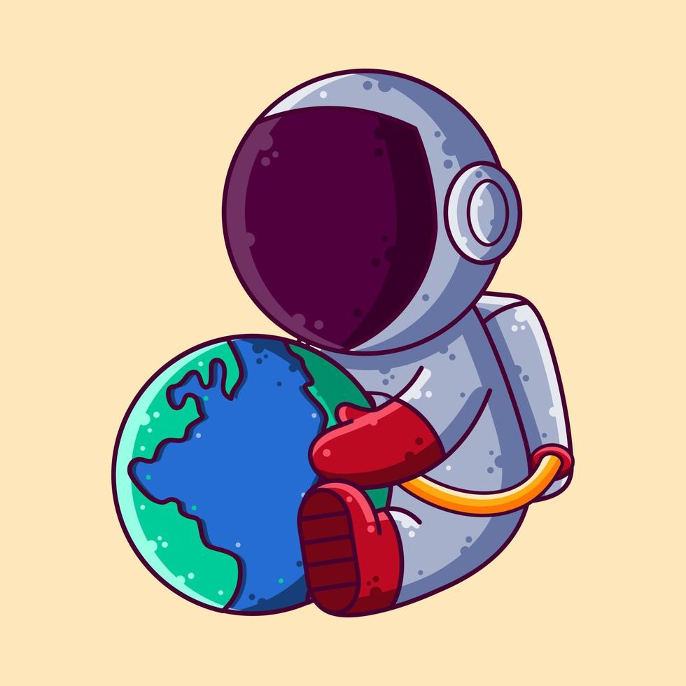 lindo astronauta sosteniendo la ilustración vectorial de dibujos animados del planeta tierra. icono de estilo de dibujos animados o vector de carácter de mascota.