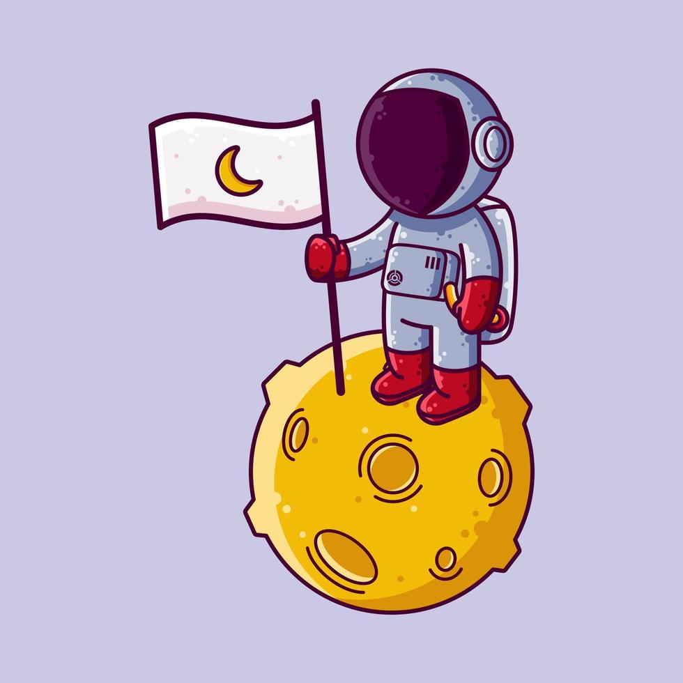 Cute Astronaut Landing on Moon Cartoon Vector Illustration. Cartoon Style Icon or Mascot Character Vector.