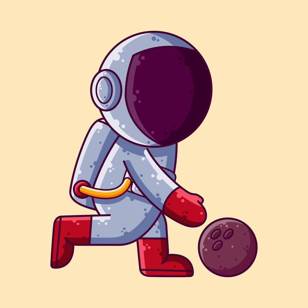 lindo astronauta jugando a los bolos ilustración vectorial de dibujos animados. icono de estilo de dibujos animados o vector de carácter de mascota.