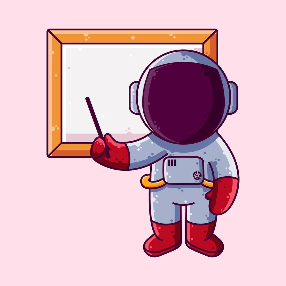 lindo astronauta explicando con la ilustración de vector de dibujos animados de tablero. icono de estilo de dibujos animados o vector de carácter de mascota.