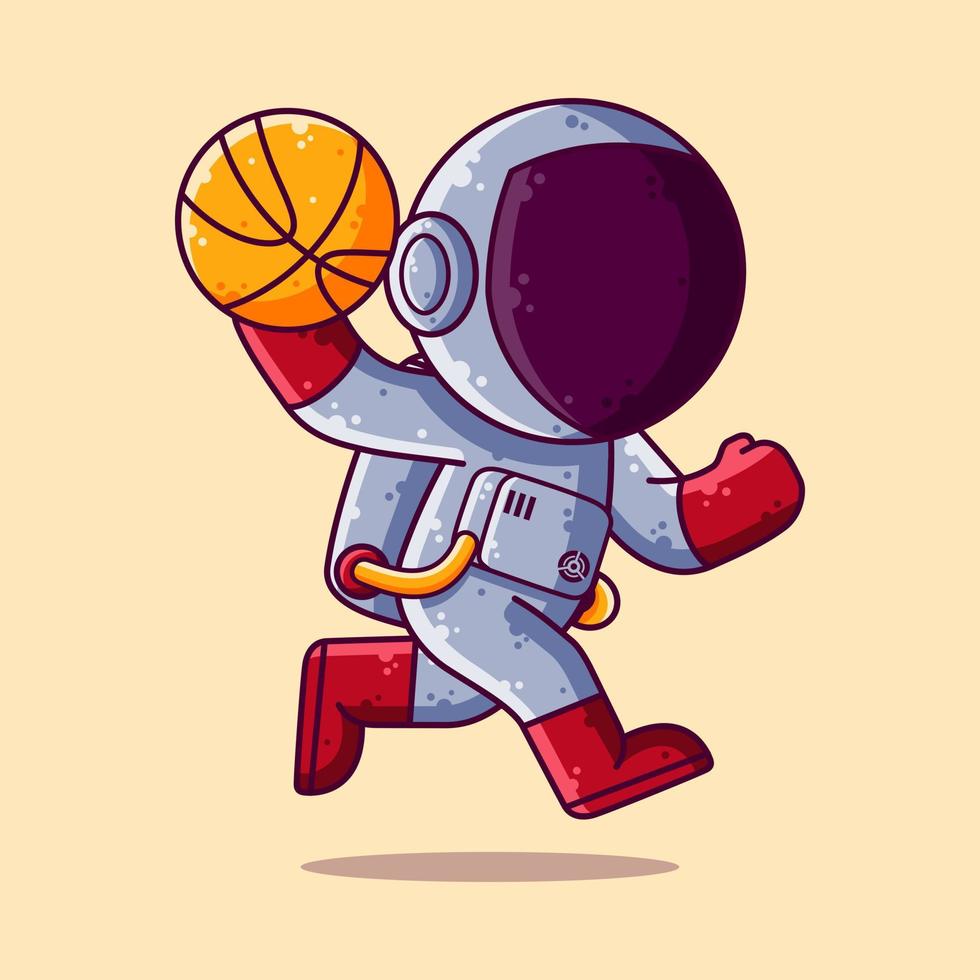 lindo astronauta jugando baloncesto ilustración vectorial de dibujos animados. icono de estilo de dibujos animados o vector de carácter de mascota.