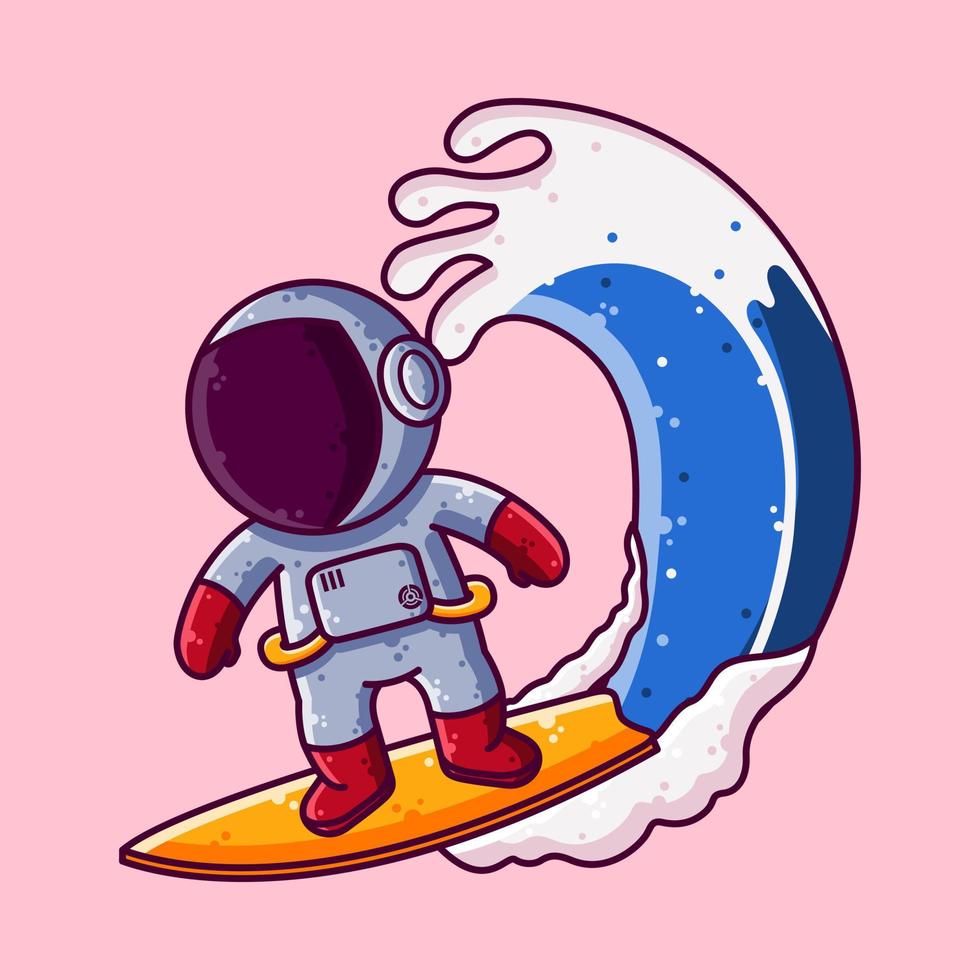 lindo astronauta surfeando ilustración vectorial de dibujos animados. icono de estilo de dibujos animados o vector de carácter de mascota.