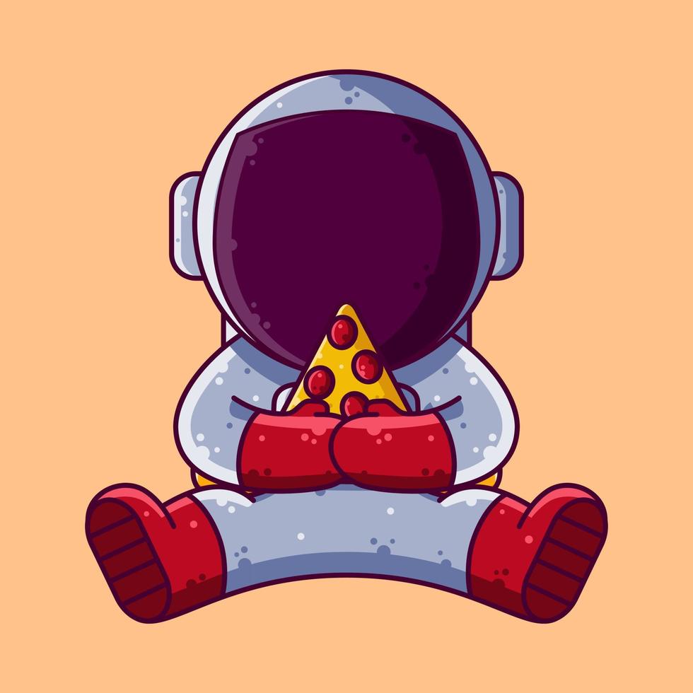 Cute Astronaut Eating Pizza Cartoon Vector Illustration. Cartoon Style Icon or Mascot Character Vector.