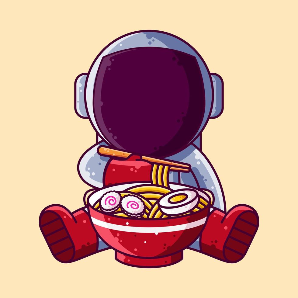 Cute Astronaut Eating Ramen Cartoon Vector Illustration. Cartoon Style Icon or Mascot Character Vector.