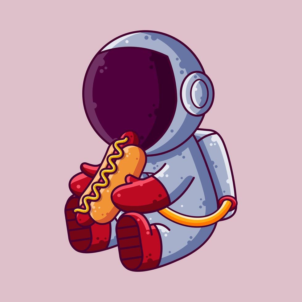 lindo astronauta comiendo ilustración de vector de dibujos animados de perro caliente. icono de estilo de dibujos animados o vector de carácter de mascota.