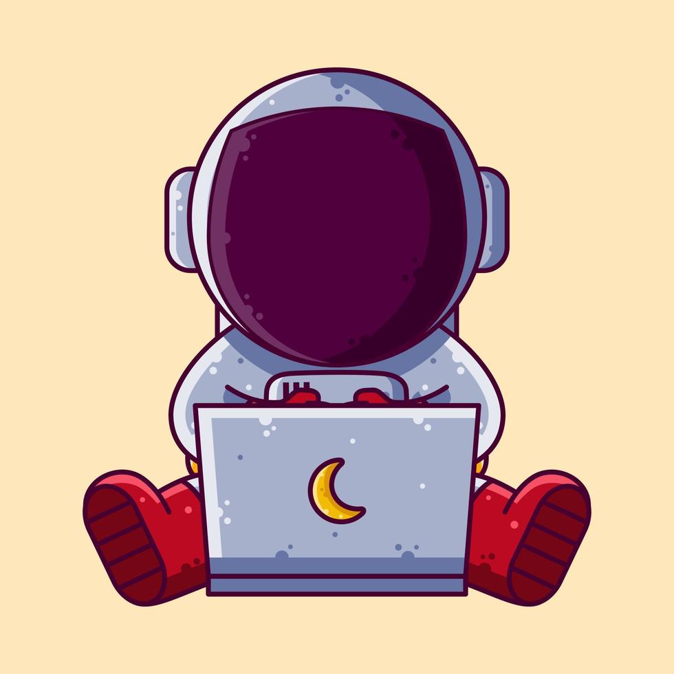 lindo astronauta trabajando con ilustración de vector de dibujos animados de computadora portátil. icono de estilo de dibujos animados o vector de carácter de mascota.