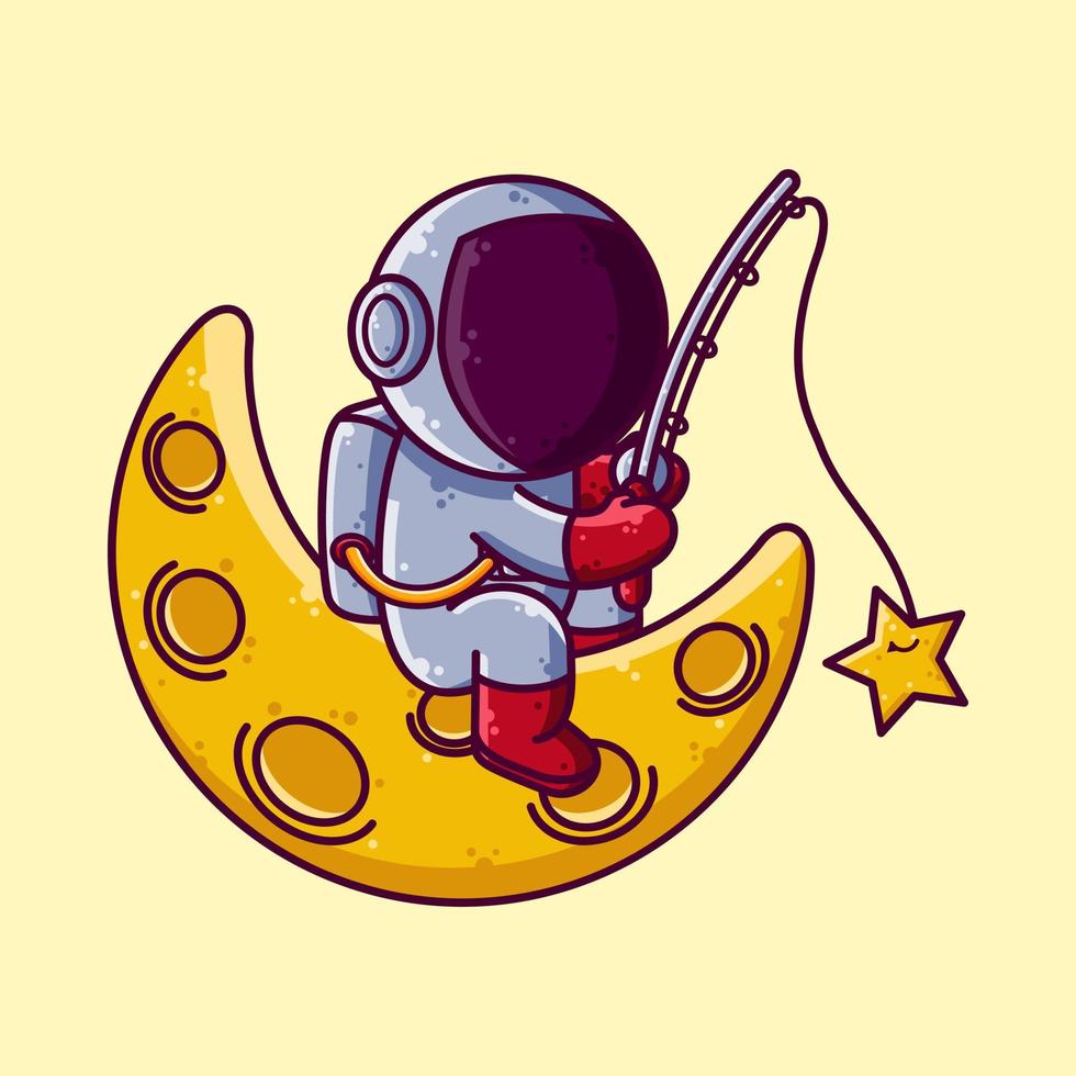 Cute Astronaut Fishing on Moon Cartoon Vector Illustration. Cartoon Style Icon or Mascot Character Vector.