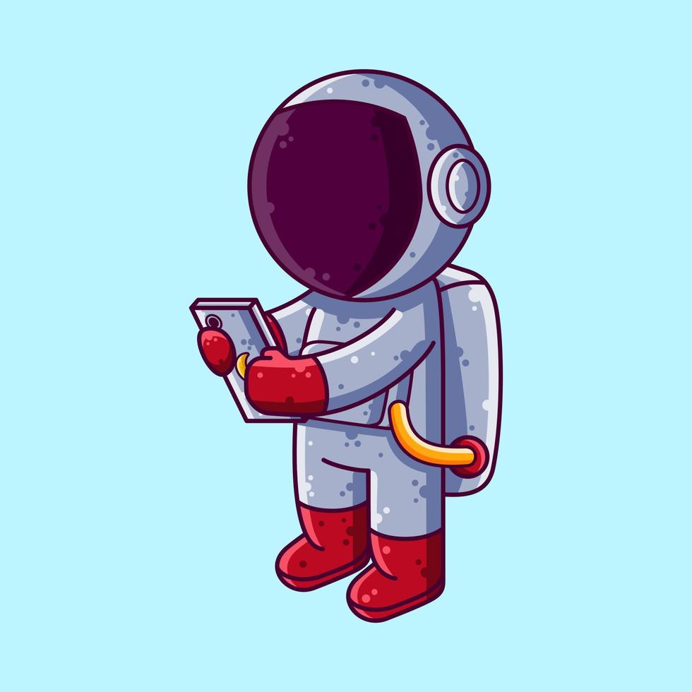 lindo astronauta usando la ilustración vectorial de dibujos animados de teléfonos inteligentes. icono de estilo de dibujos animados o vector de carácter de mascota.