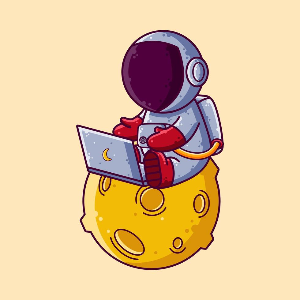 Cute Astronaut Working With Laptop on Moon Cartoon Vector Illustration. Cartoon Style Icon or Mascot Character Vector.