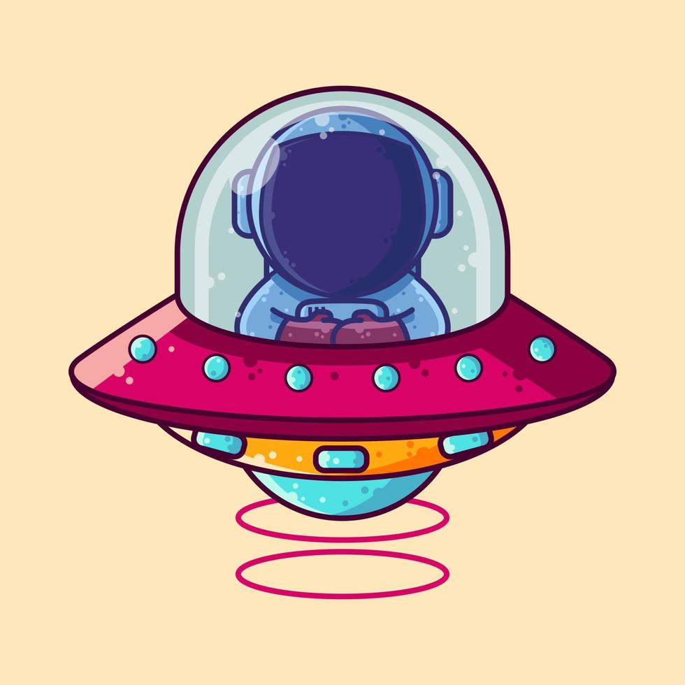 lindo astronauta montando ufo nave espacial dibujos animados vector ilustración. icono de estilo de dibujos animados o vector de carácter de mascota.