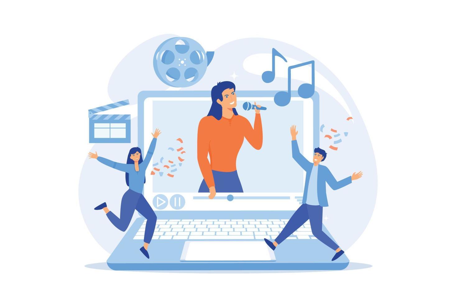 Huge laptop with famous singer performing on screen and tiny people dancing. Music video, official music video, video clip production concept. flat vector modern illustration
