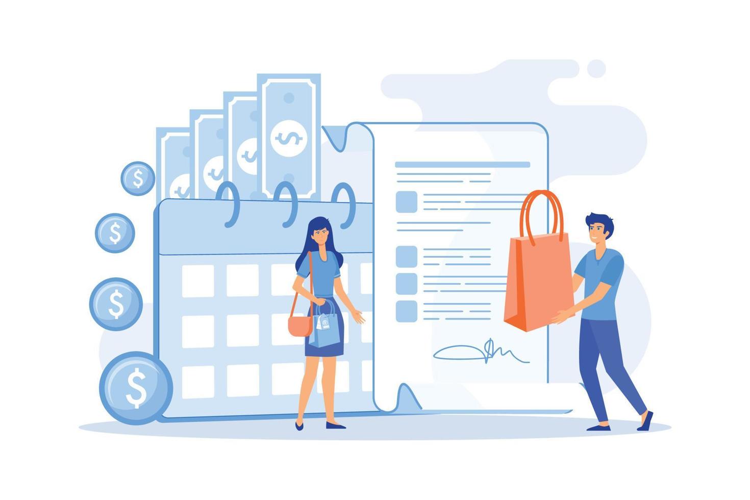 Installment purchase offer, shopping business, convenient customer service. Deferment of payment, net payment terms, buy now pay later concept. vector