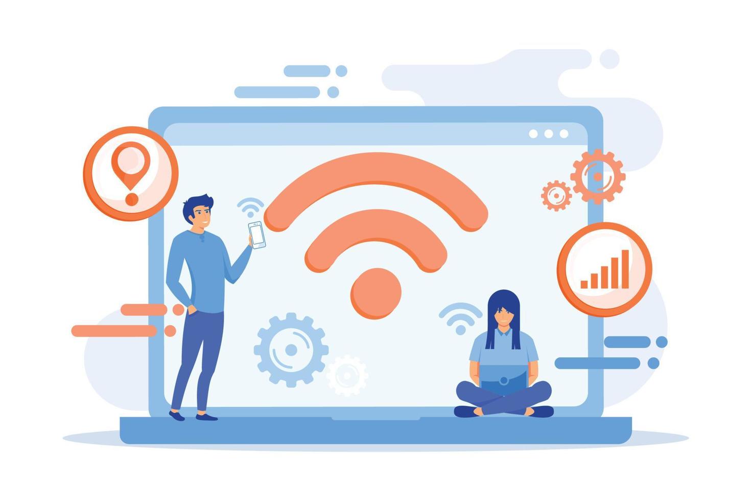 Business people using laptop and smartphone with WiFi connection. Wi-fi connection, WiFi communication technology, free internet services concept. flat vector modern illustration