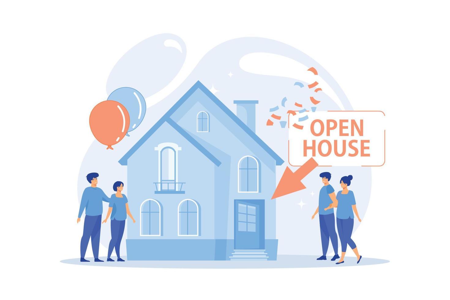 People going to housewarming party flat characters. Open house, open for inspection property, welcome to your new home, real estate service concept. vector