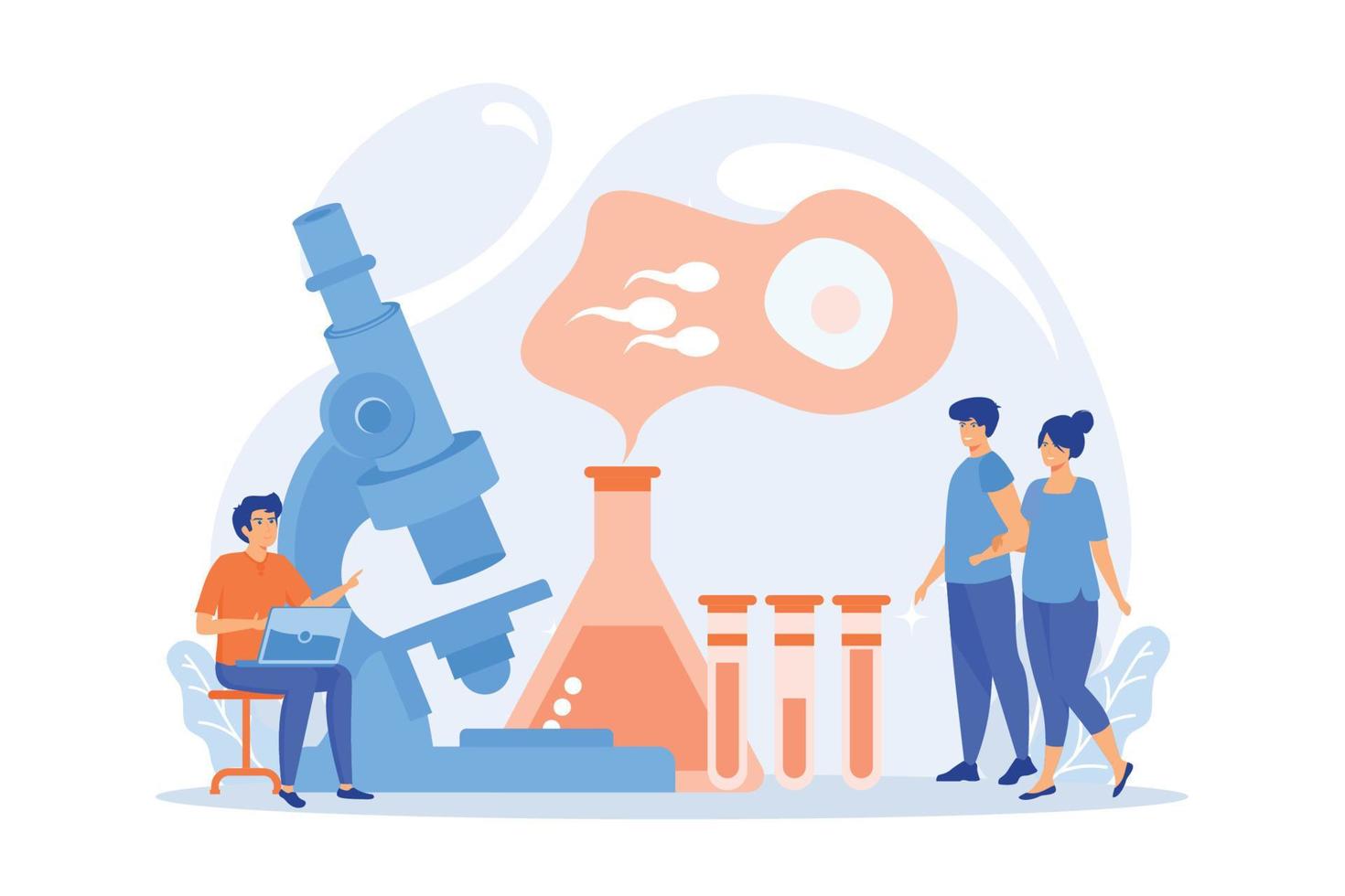 Scientist on microscope working on infertility treatment for couple. Infertility, female infertility causes, sterility medical treatment concept.  flat vector modern illustration