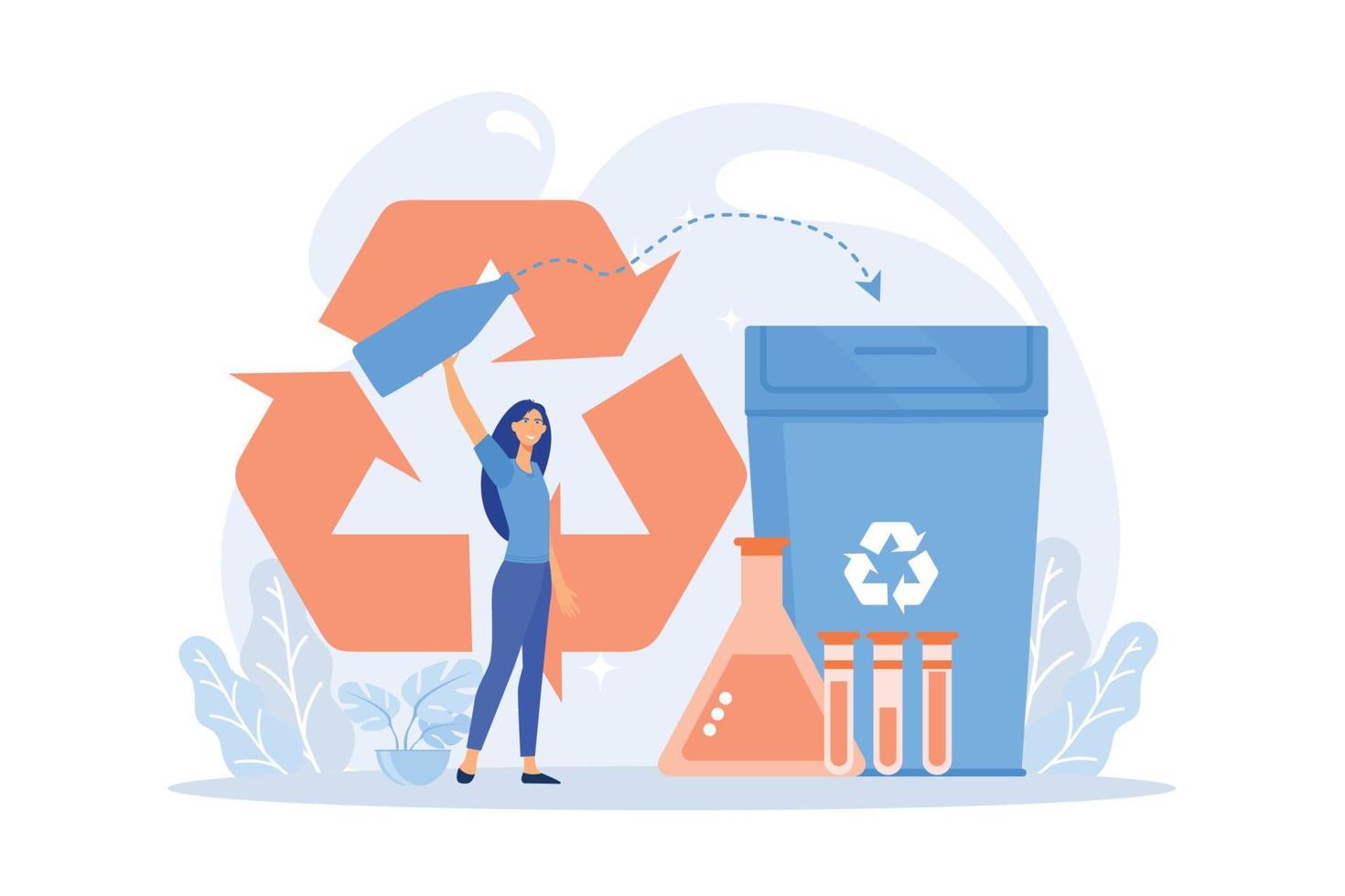 Businesswoman recycling plastic detergent bottle to produce chemicals. Chemical recycling, plastics recycling method, polymeric wastes reuse concept.flat vector modern illustration