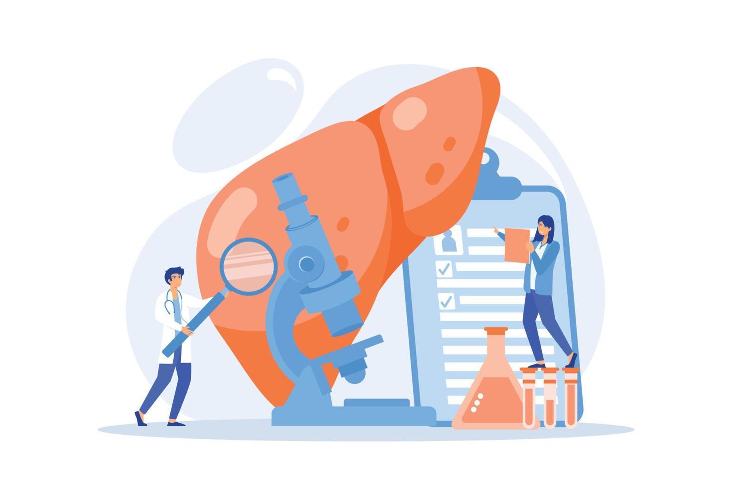 Doctors examining huge liver with magnifier and microscope. Cirrhosis, cirrhosis of the liver and liver disease concept on white background. flat vector modern illustration