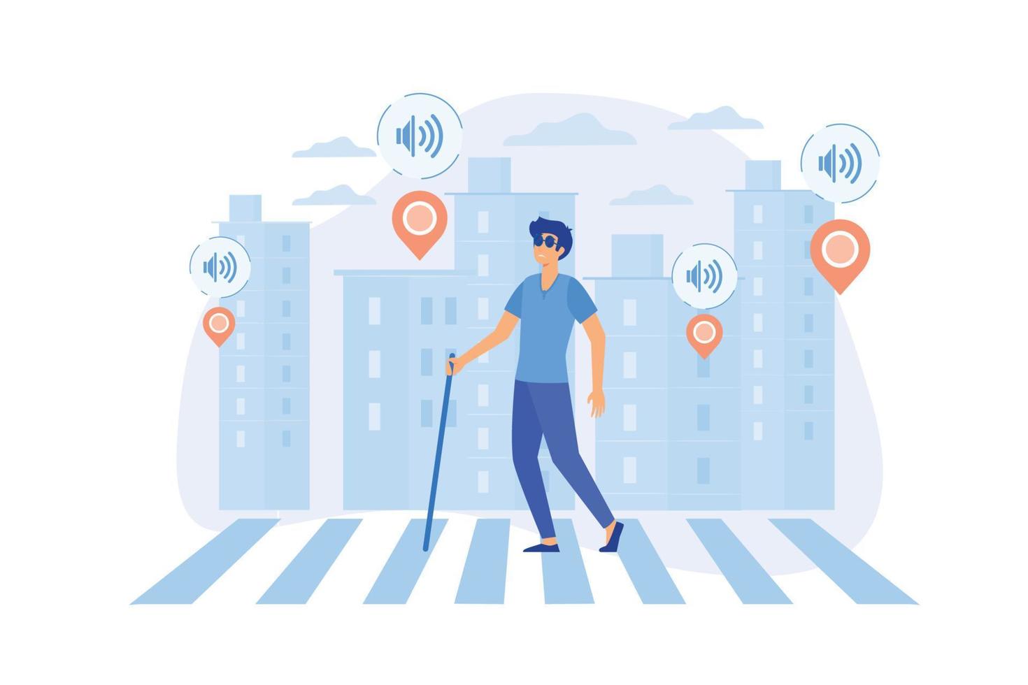 A blind man crossing the street with smart tags and voice notifications around. Barrier-free convenient environment as IoT and smart city concept. vector