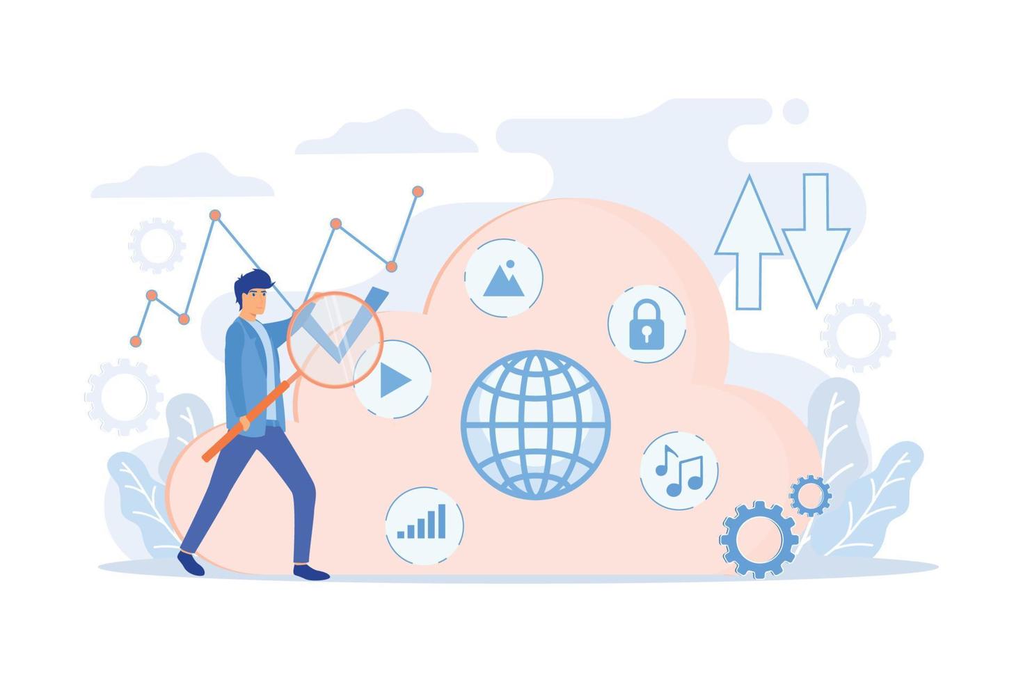 Two users searchig for big data in the cloud. Computing storage technology, large database, data analysis, digital information concept.  flat vector modern illustration