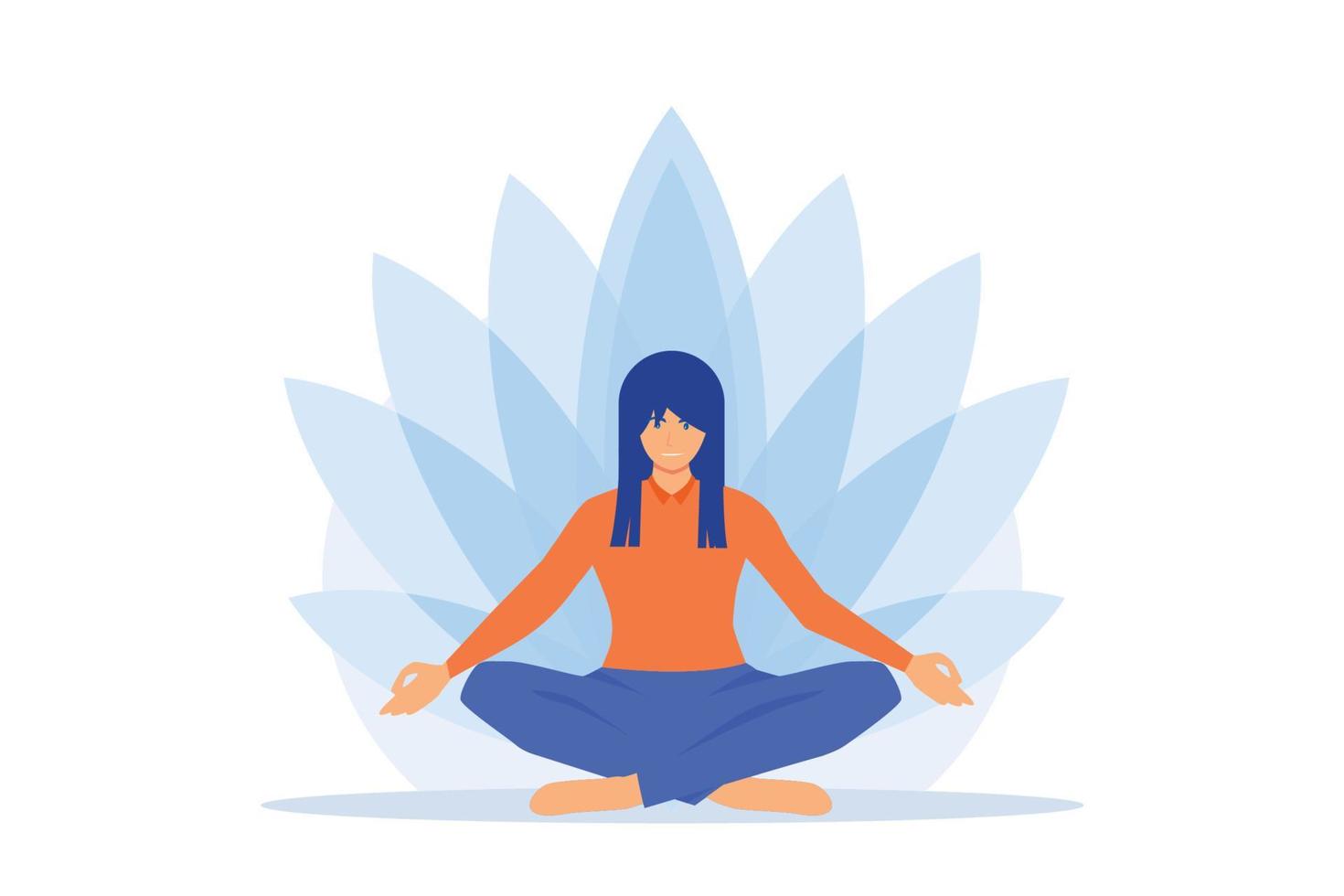 instructora de escuela de yoga. práctica de meditación, técnicas de relajación, ejercicios de estiramiento corporal. mujer yogui en posición de loto. gurú del equilibrio espiritual. ilustración moderna de vector plano