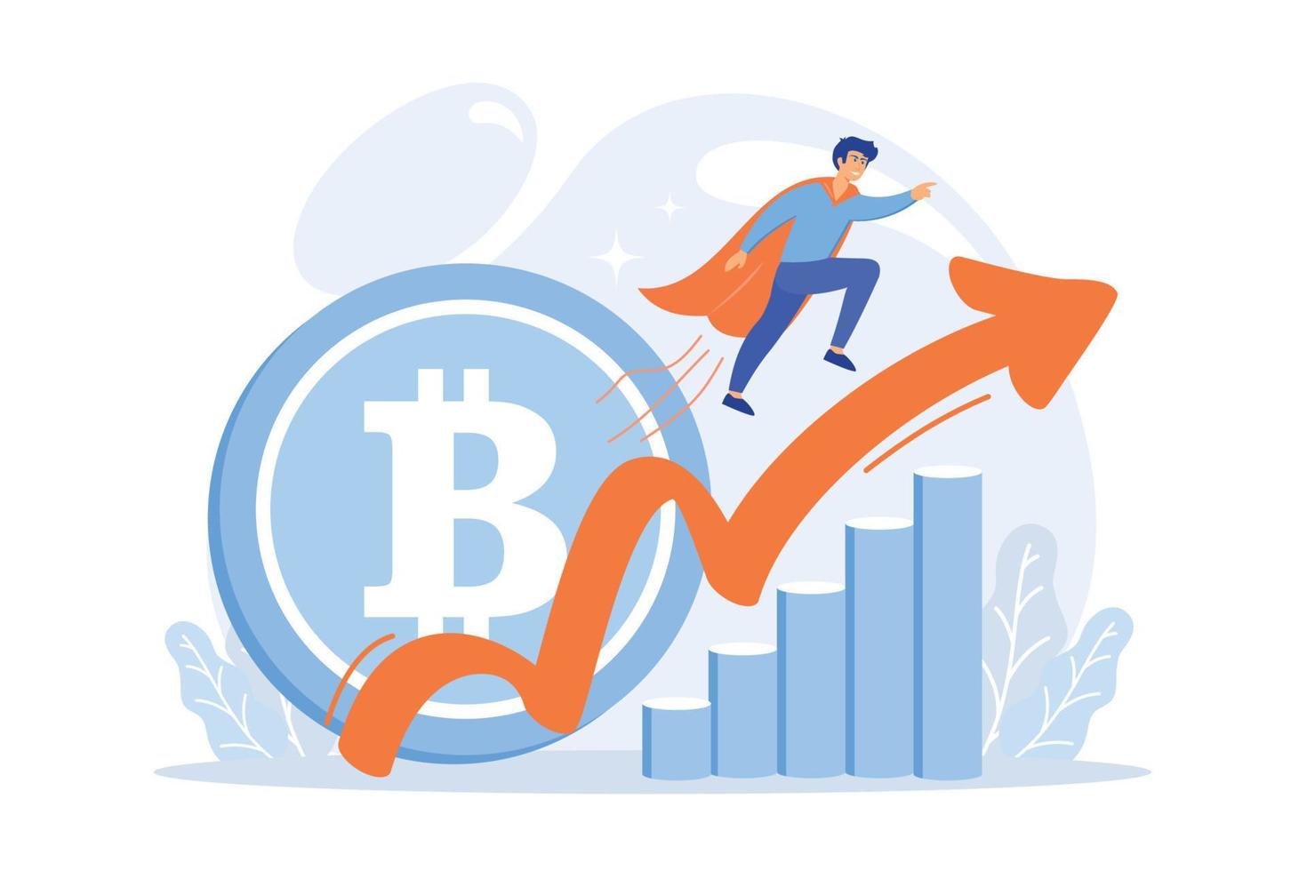 Virtual money capitalization rise. Blockchain technology. Cryptocurrency makes comeback, bitcoin price back, cryptocurrency market growth concept.  flat vector modern illustration