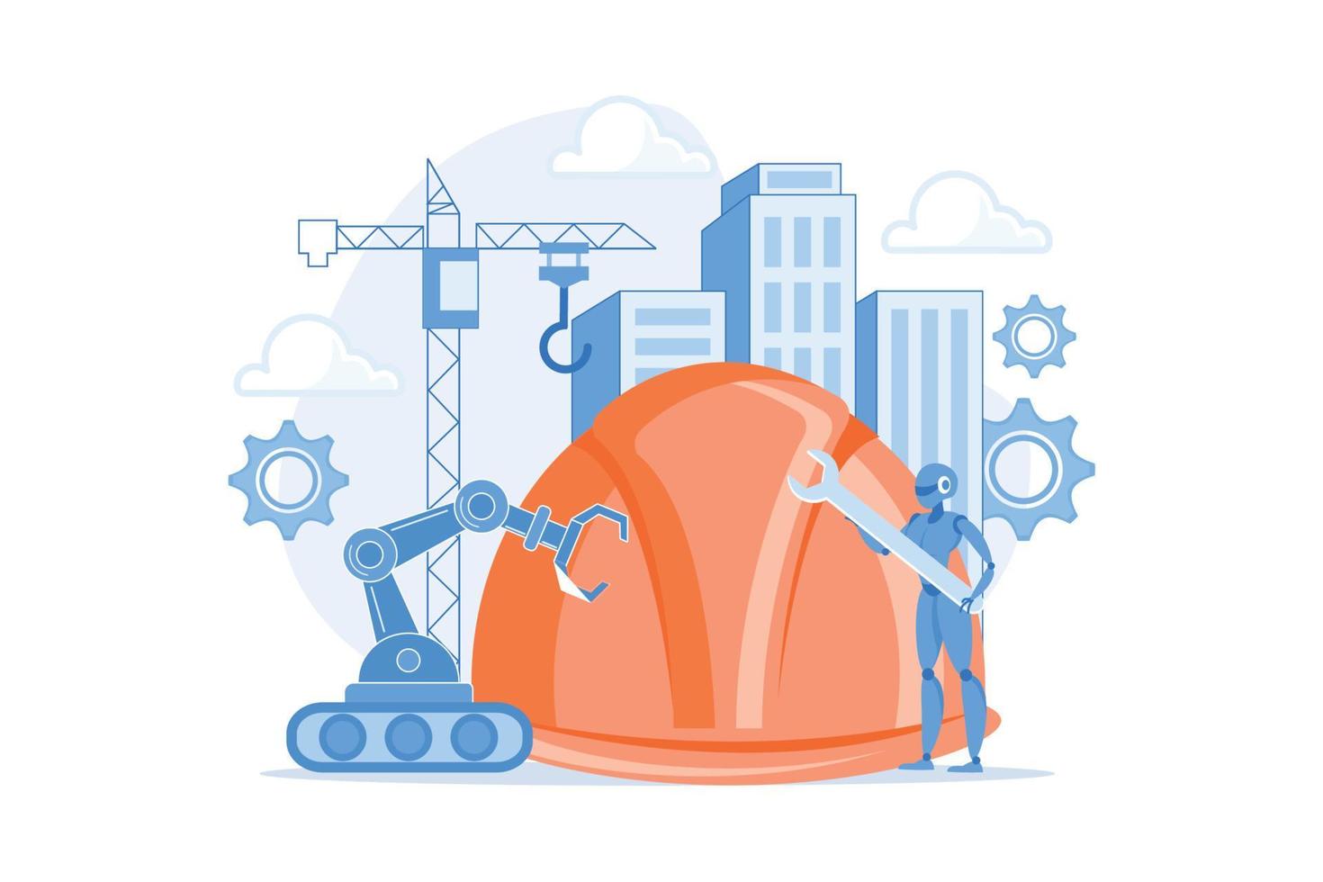 Robot with wrench and robotic arm at construction site. Robotics construction, digital construction platform, additive manufacturing concept. vector
