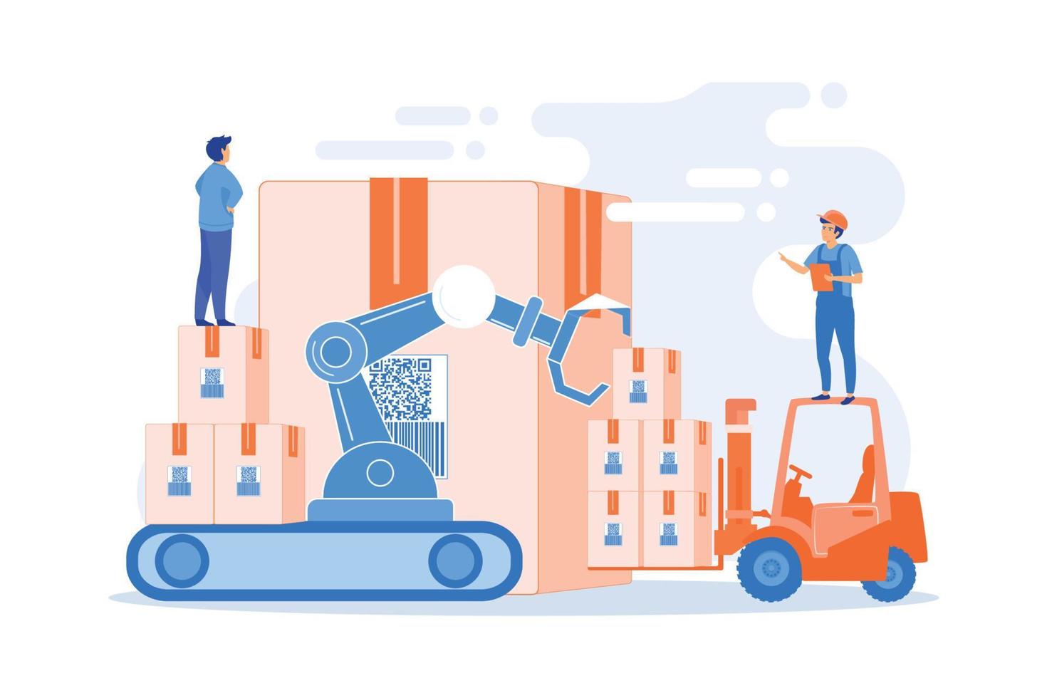 Storehouse employees working, transporting goods boxes. Warehouse logistics, RFID technology use, automation storage service concept. flat vector modern illustration