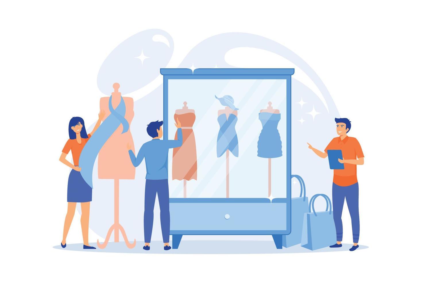Designer team working on new clothes collection and piece of cloth on mannequin. Fashion industry, clothing style market, fashion business concept. flat vector modern illustration
