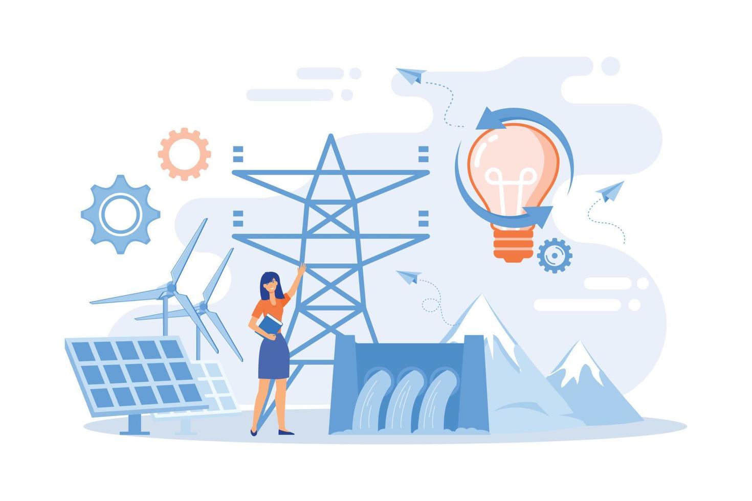 científico con ideas de desarrollo sostenible paneles solares, energía hidroeléctrica, viento. energía sostenible, energía orientada al futuro, concepto de sistema de energía inteligente. ilustración moderna de vector plano