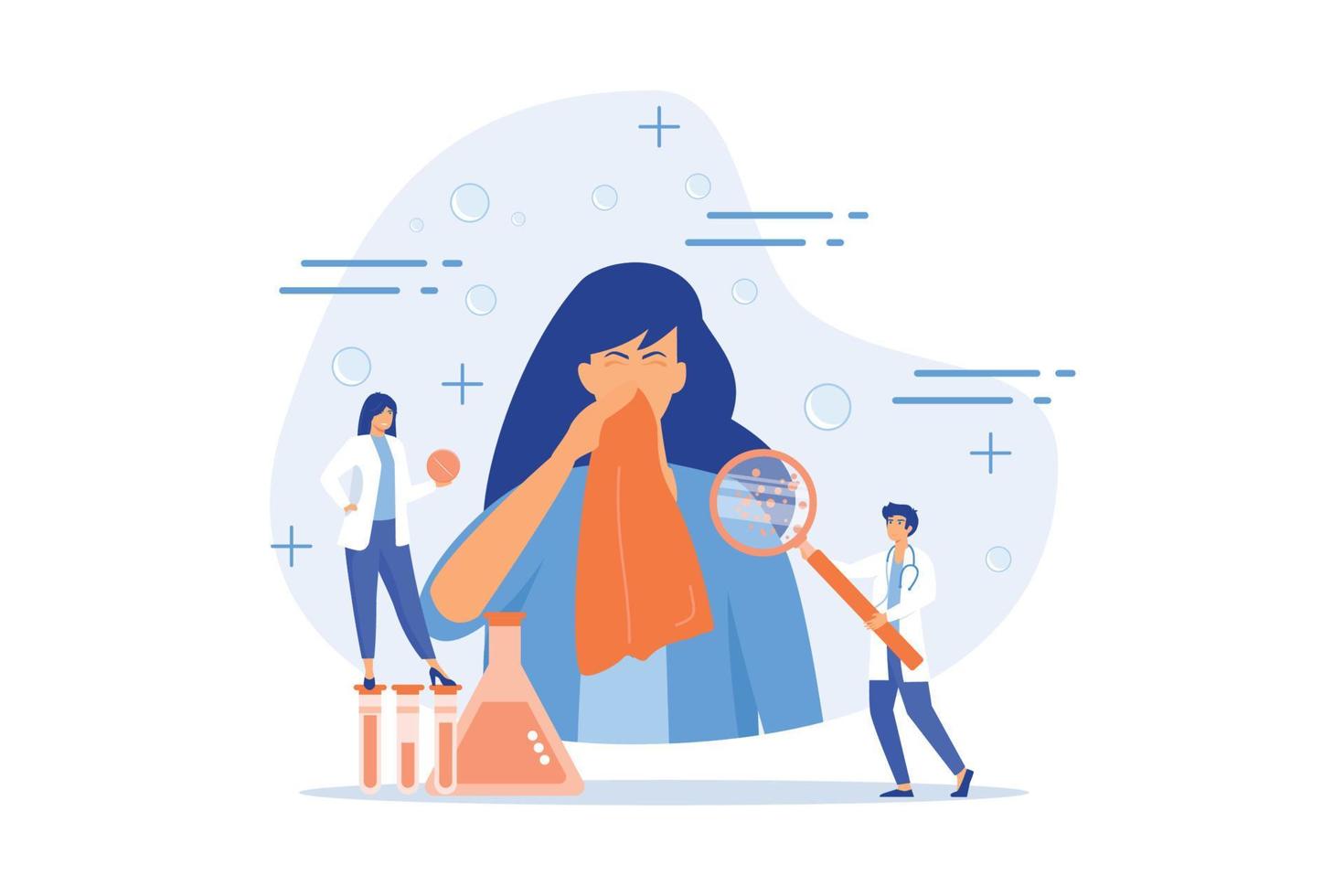 Female patient sneezing, taking a pill from doctor and allergen under magnifier. Allergic diseases, allergy reaction, antihistamines therapy concept. flat vector modern illustration