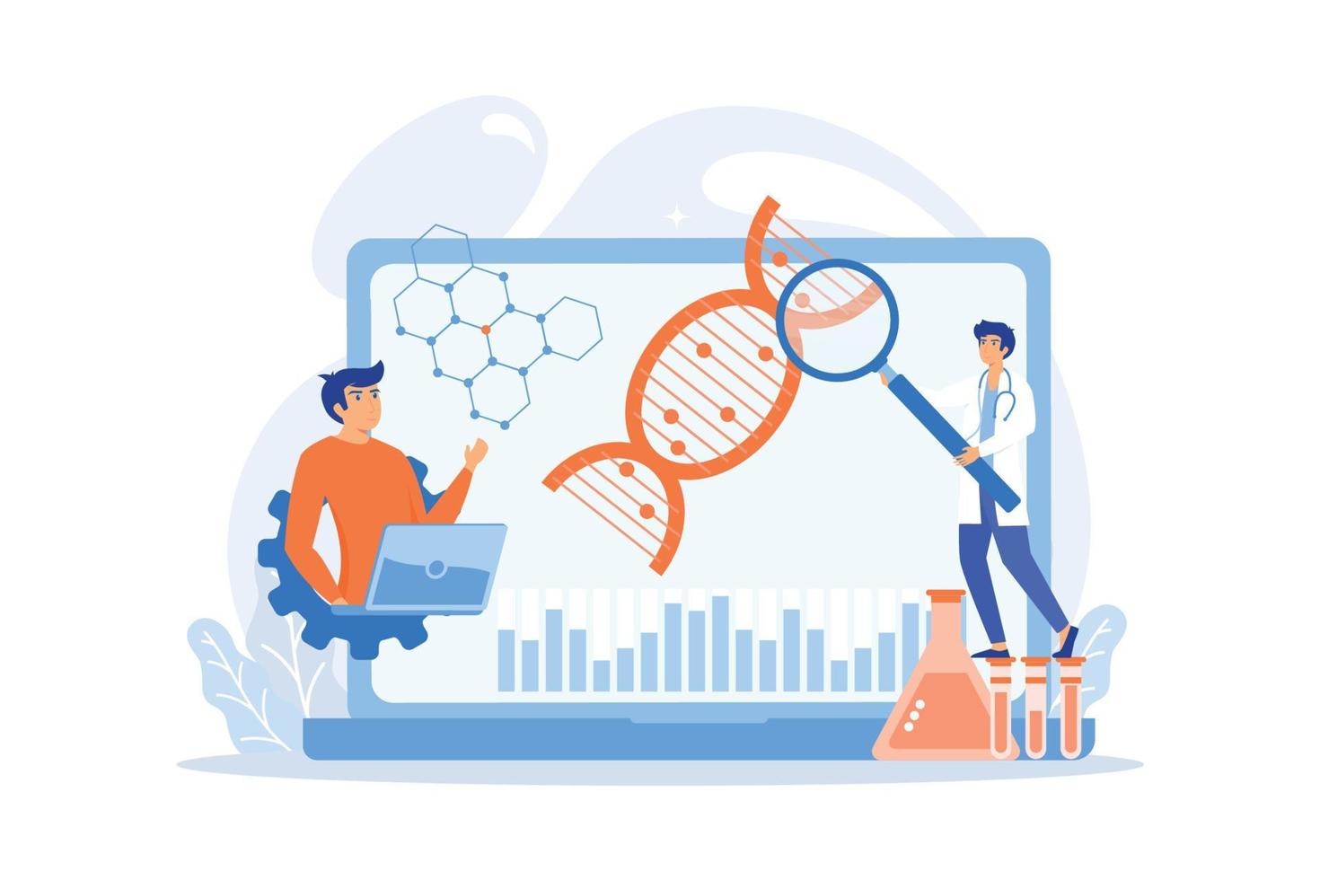 Scientists looking at DNA and charts with magnifier on laptop. Biotechnology, biological systems, bio-engineering concept on white background. flat vector modern illustration