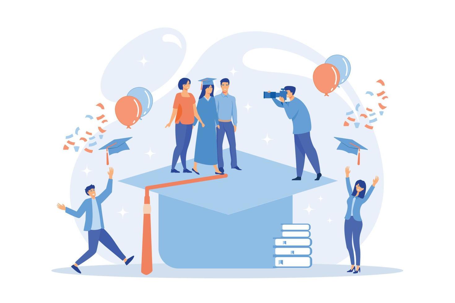 Graduating. Proud parents with graduated student. Graduation day, getting an academic degree, graduation announcements concept flat vector illustration
